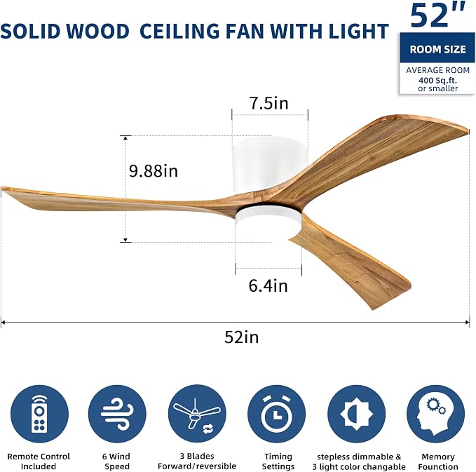 Ceiling Fans with Lights 52 Inch Flush Mount, Wood Blade, LED Dimmable DC Reversible Modern Ceiling Fan with Remote Control