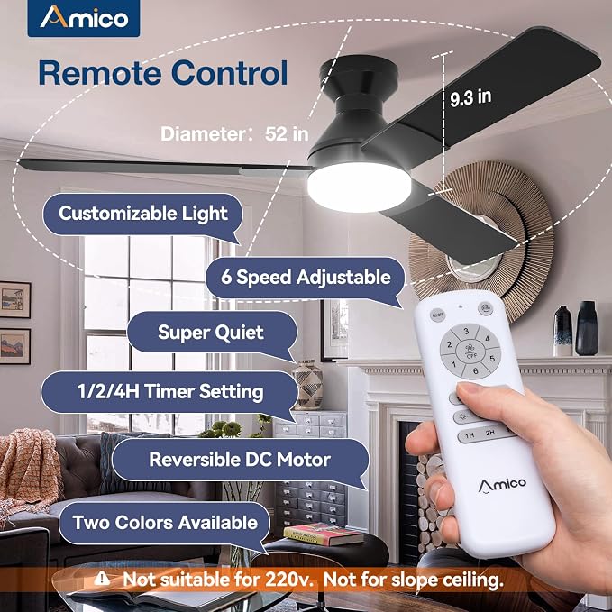 Ceiling Fans with Lights, 52 inch Low Profile Ceiling fan with Light and Remote Control, Flush Mount, Reversible, 3CCT