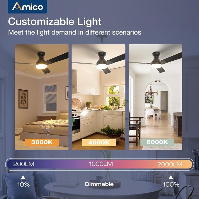Ceiling Fans with Lights, 52 inch Low Profile Ceiling fan with Light and Remote Control, Flush Mount, Reversible, 3CCT