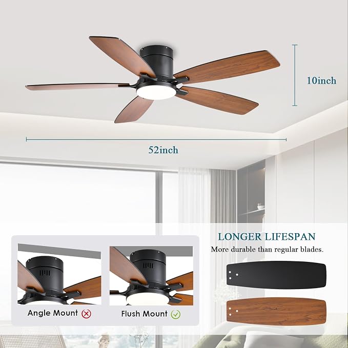 Ceiling Fans with Lights, 52 inch Low Profile Ceiling Fan with Light and Remote Control, Flush Mount, LED Dimmable DC