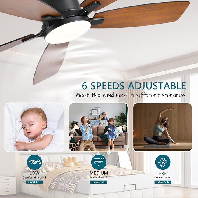 Ceiling Fans with Lights, 52 inch Low Profile Ceiling Fan with Light and Remote Control, Flush Mount, LED Dimmable DC