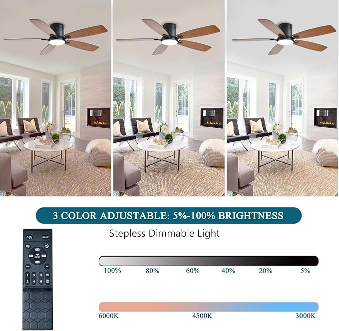 Ceiling Fans with Lights, 52 inch Low Profile Ceiling Fan with Light and Remote Control, Flush Mount, LED Dimmable DC