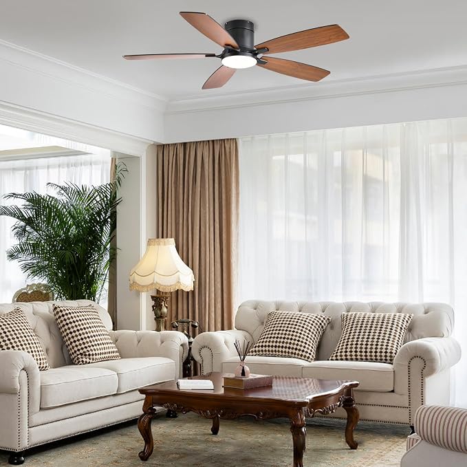 Ceiling Fans with Lights, 52 inch Low Profile Ceiling Fan with Light and Remote Control, Flush Mount, LED Dimmable DC