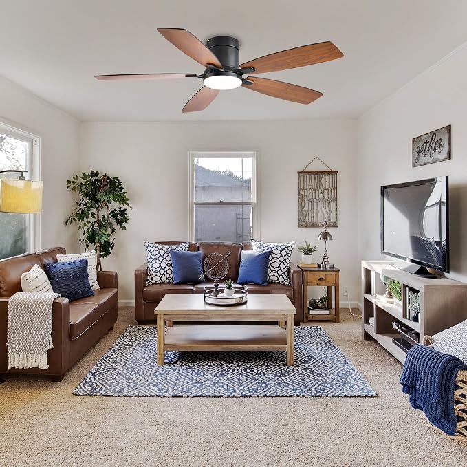 Ceiling Fans with Lights, 52 inch Low Profile Ceiling Fan with Light and Remote Control, Flush Mount, LED Dimmable DC