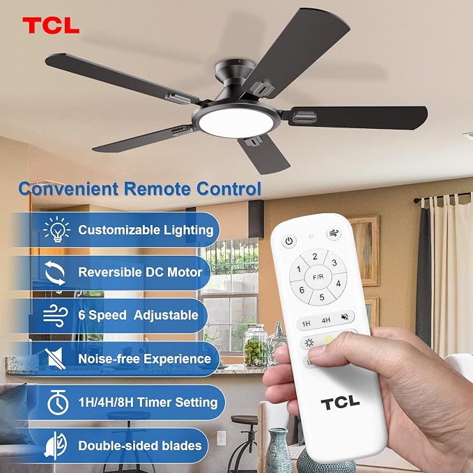 Ceiling Fans with Lights, 52 Inch Low Profile Ceiling Fan with Light and Remote Control, Flush Mount, DC Reversible Motor