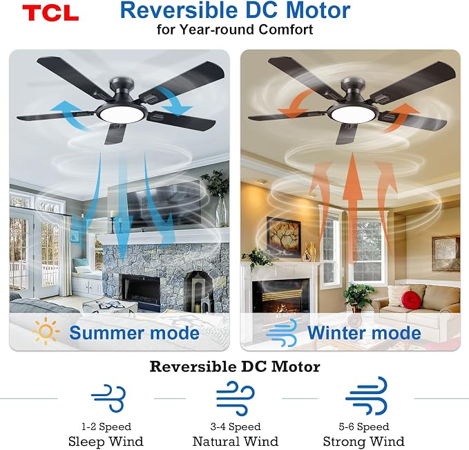 Ceiling Fans with Lights, 52 Inch Low Profile Ceiling Fan with Light and Remote Control, Flush Mount, DC Reversible Motor