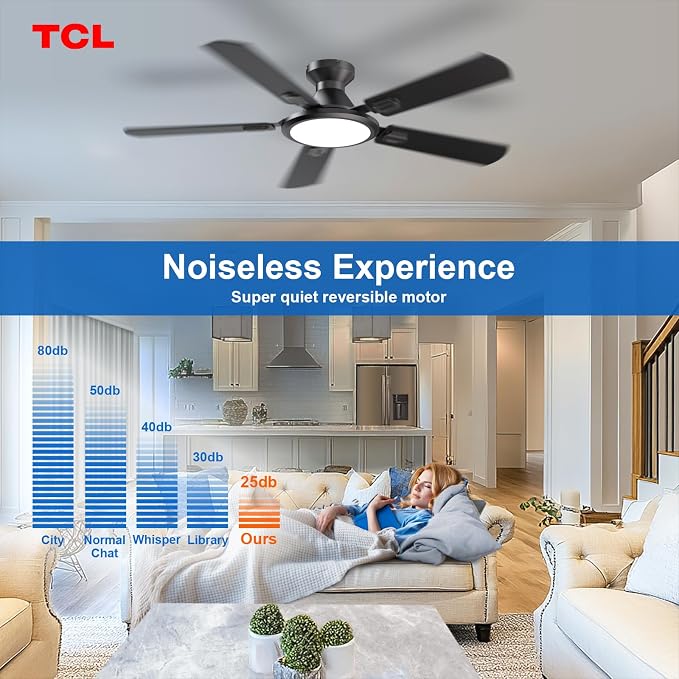 Ceiling Fans with Lights, 52 Inch Low Profile Ceiling Fan with Light and Remote Control, Flush Mount, DC Reversible Motor