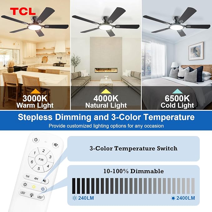 Ceiling Fans with Lights, 52 Inch Low Profile Ceiling Fan with Light and Remote Control, Flush Mount, DC Reversible Motor