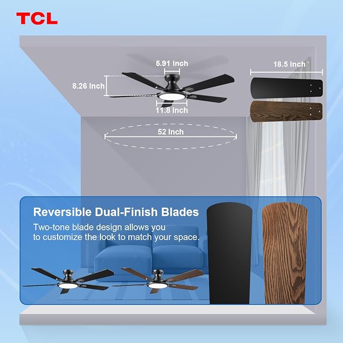 Ceiling Fans with Lights, 52 Inch Low Profile Ceiling Fan with Light and Remote Control, Flush Mount, DC Reversible Motor