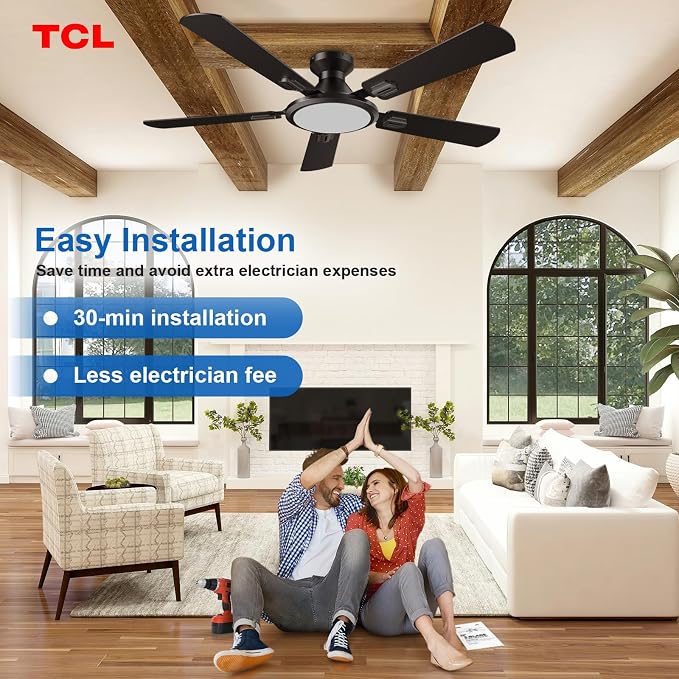 Ceiling Fans with Lights, 52 Inch Low Profile Ceiling Fan with Light and Remote Control, Flush Mount, DC Reversible Motor