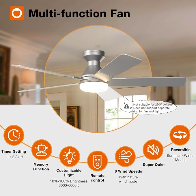 Ceiling Fans with Lights, 52 Inch Low Profile Ceiling Fan with Light and Remote Control, Flush Mount, Reversible, 3CCT