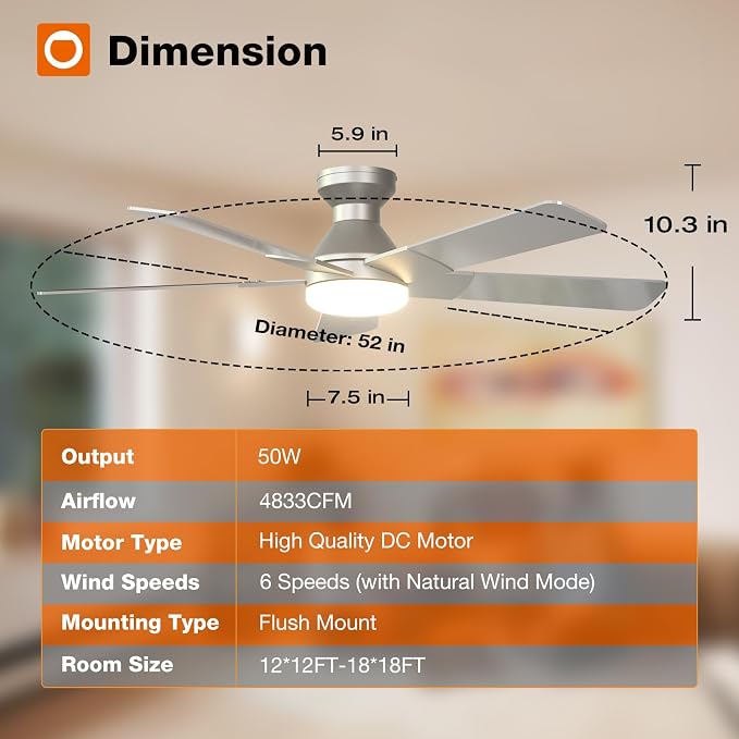 Ceiling Fans with Lights, 52 Inch Low Profile Ceiling Fan with Light and Remote Control, Flush Mount, Reversible, 3CCT