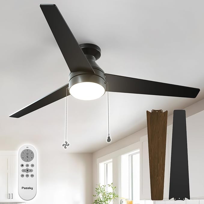 Ceiling Fans with Lights, 52 inch Low Profile Ceiling Fan with Pull Chain and Remote Control, Flush Mount, Reversible, 5CCT