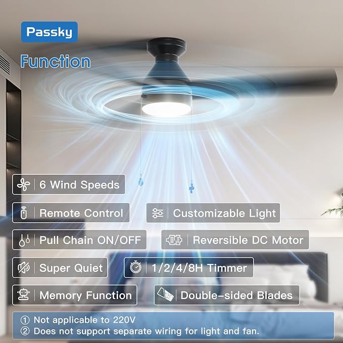 Ceiling Fans with Lights, 52 inch Low Profile Ceiling Fan with Pull Chain and Remote Control, Flush Mount, Reversible, 5CCT