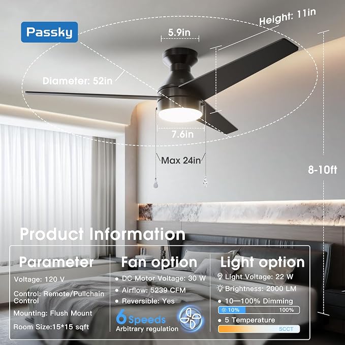 Ceiling Fans with Lights, 52 inch Low Profile Ceiling Fan with Pull Chain and Remote Control, Flush Mount, Reversible, 5CCT