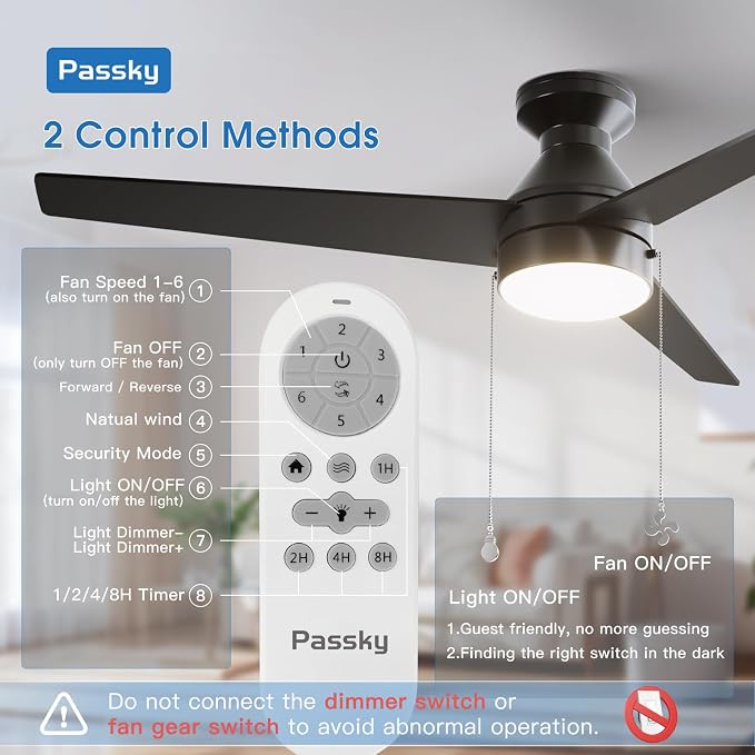 Ceiling Fans with Lights, 52 inch Low Profile Ceiling Fan with Pull Chain and Remote Control, Flush Mount, Reversible, 5CCT