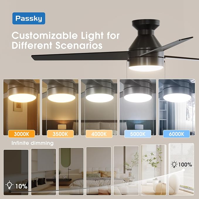 Ceiling Fans with Lights, 52 inch Low Profile Ceiling Fan with Pull Chain and Remote Control, Flush Mount, Reversible, 5CCT