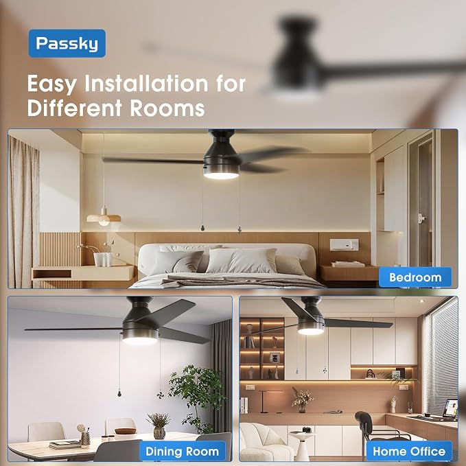 Ceiling Fans with Lights, 52 inch Low Profile Ceiling Fan with Pull Chain and Remote Control, Flush Mount, Reversible, 5CCT
