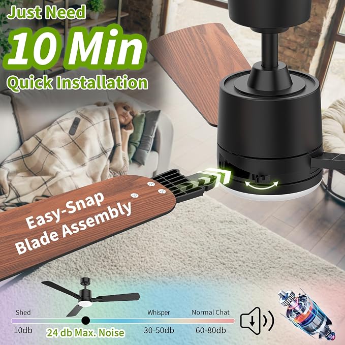 Ceiling Fans with Lights, 52 Inch Low Profile Ceiling Fan with Light and Remote Control,10 Min Quick