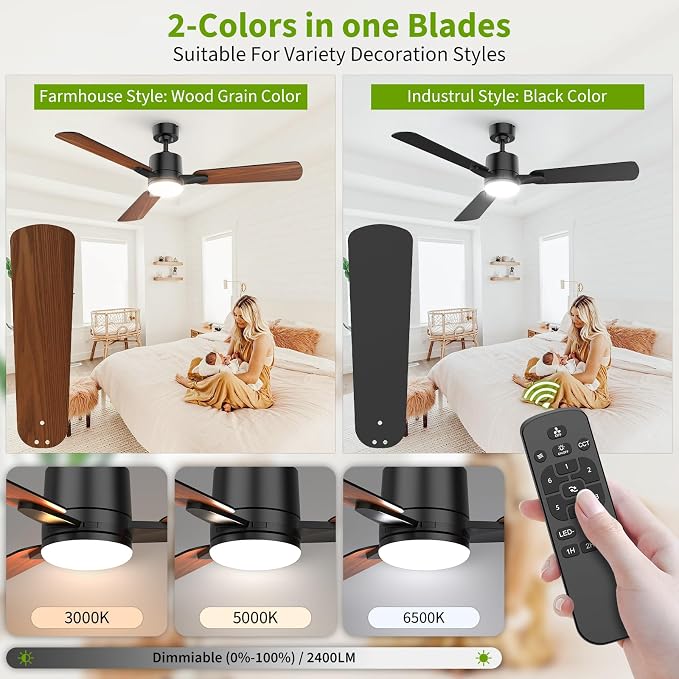 Ceiling Fans with Lights, 52 Inch Low Profile Ceiling Fan with Light and Remote Control,10 Min Quick