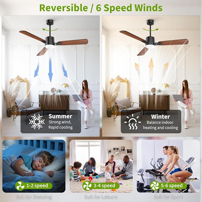 Ceiling Fans with Lights, 52 Inch Low Profile Ceiling Fan with Light and Remote Control,10 Min Quick