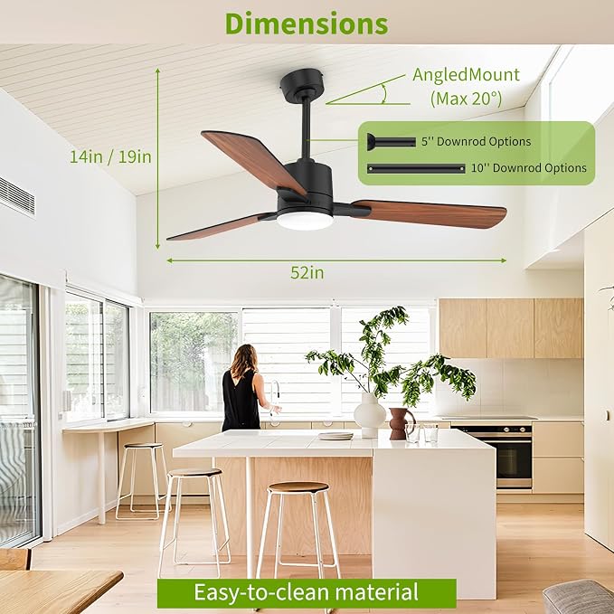 Ceiling Fans with Lights, 52 Inch Low Profile Ceiling Fan with Light and Remote Control,10 Min Quick