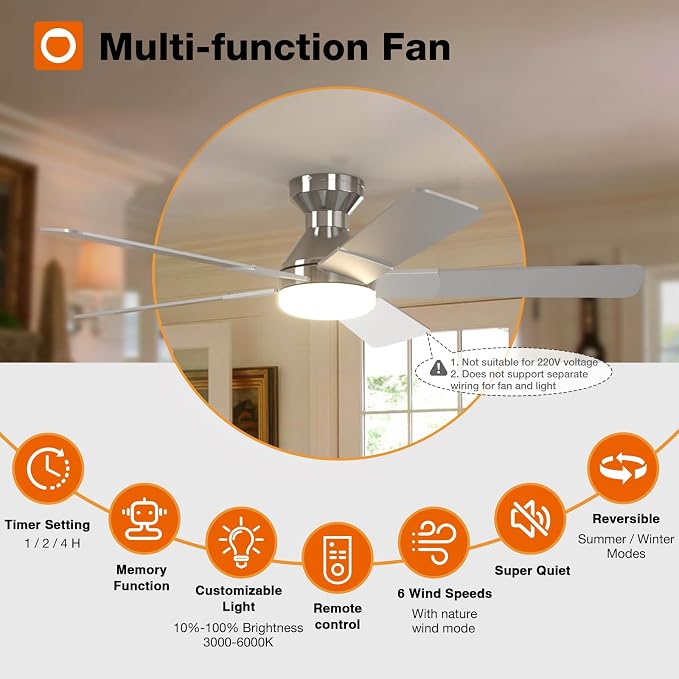 Ceiling Fans with Lights, 52 inch Low Profile Ceiling Fan with Light and Remote Control, Flush Mount, alternate view 2