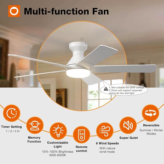Ceiling Fans with Lights, 52 inch Low Profile Ceiling Fan with Light and Remote Control, Flush Mount, alternate view 2