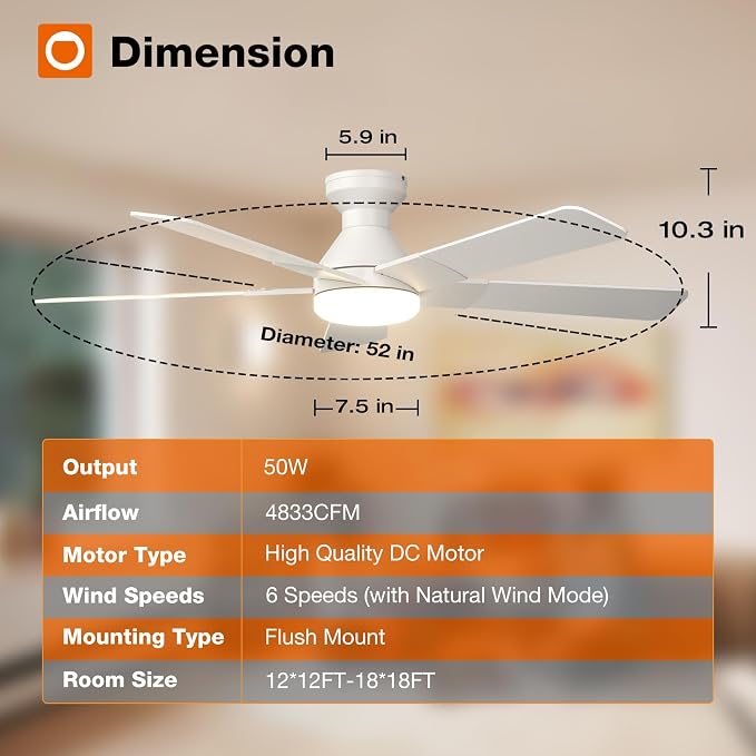 Ceiling Fans with Lights, 52 inch Low Profile Ceiling Fan with Light and Remote Control, Flush Mount, alternate view 3