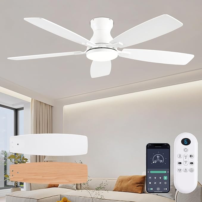 Ceiling Fans with Lights, 52 Inch Low Profile Ceiling Fan with Light and Remote Control, Flush Mount, DC