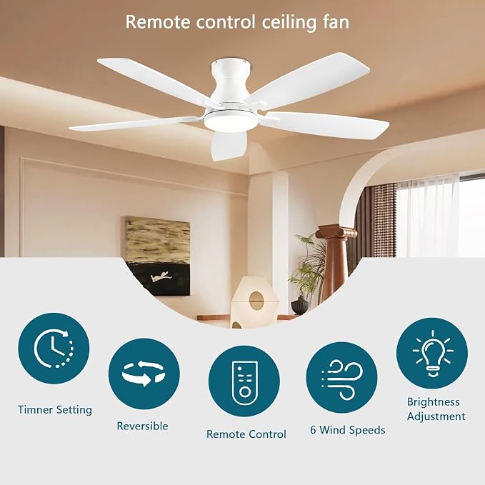 Ceiling Fans with Lights, 52 Inch Low Profile Ceiling Fan with Light and Remote Control, Flush Mount, DC, alternate view 2