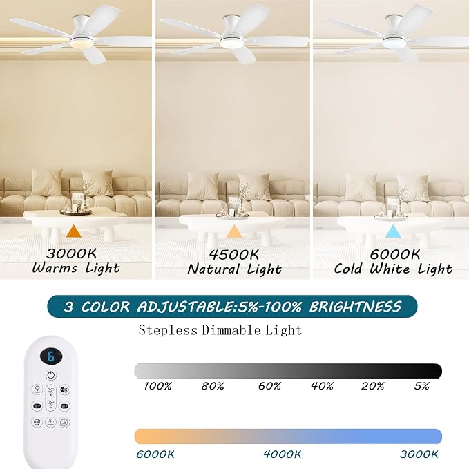 Ceiling Fans with Lights, 52 Inch Low Profile Ceiling Fan with Light and Remote Control, Flush Mount, DC, alternate view 3