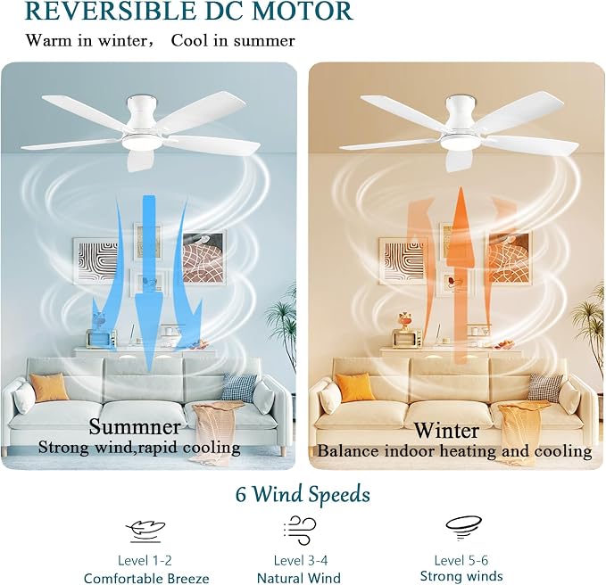 Ceiling Fans with Lights, 52 Inch Low Profile Ceiling Fan with Light and Remote Control, Flush Mount, DC, alternate view 4