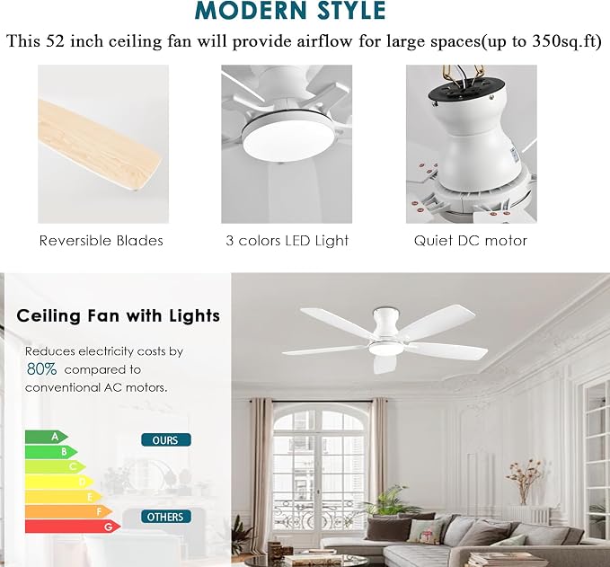 Ceiling Fans with Lights, 52 Inch Low Profile Ceiling Fan with Light and Remote Control, Flush Mount, DC, alternate view 6