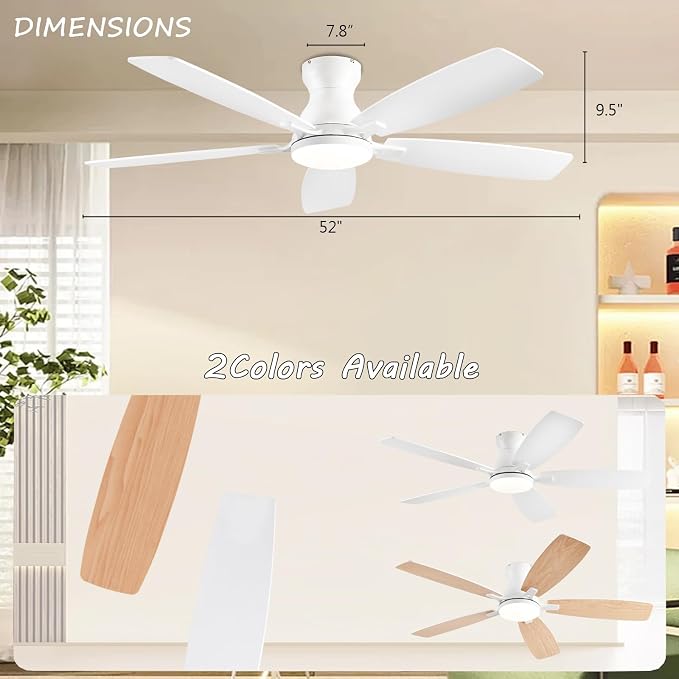 Ceiling Fans with Lights, 52 Inch Low Profile Ceiling Fan with Light and Remote Control, Flush Mount, DC, alternate view 7