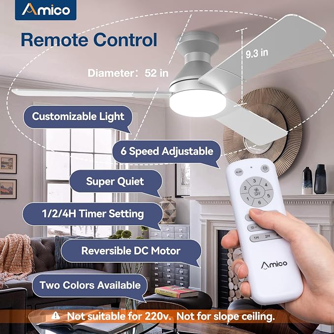 Ceiling Fans with Lights, 52 inch Low Profile Ceiling Fan with Light and Remote Control, Flush Mount, alternate view 2