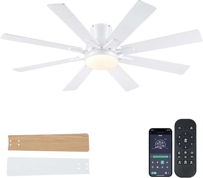 Ceiling Fans with Lights, 52 Inch Low Profile Flush Mount Ceiling Fan, Modern White Ceiling Fan with Light for Bedroom Living