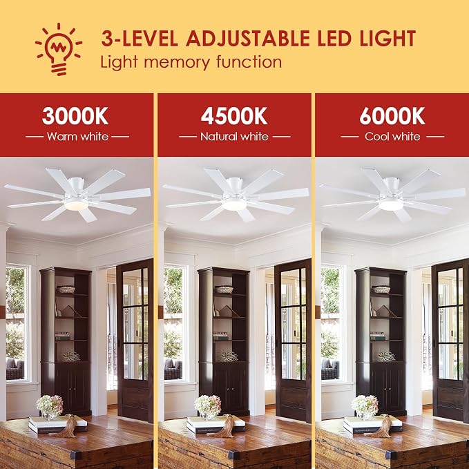 Ceiling Fans with Lights, 52 Inch Low Profile Flush Mount Ceiling Fan, Modern White Ceiling Fan with Light for Bedroom Living