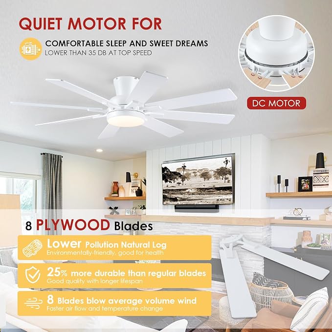 Ceiling Fans with Lights, 52 Inch Low Profile Flush Mount Ceiling Fan, Modern White Ceiling Fan with Light for Bedroom Living