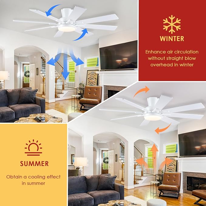 Ceiling Fans with Lights, 52 Inch Low Profile Flush Mount Ceiling Fan, Modern White Ceiling Fan with Light for Bedroom Living