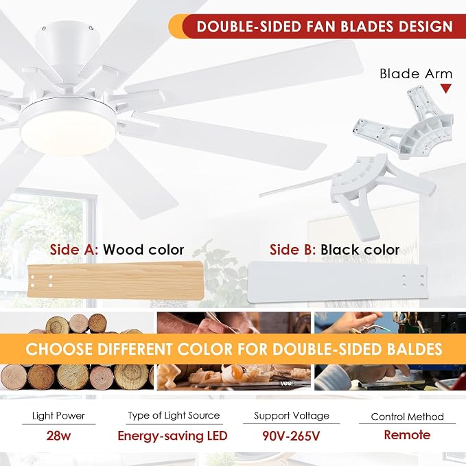 Ceiling Fans with Lights, 52 Inch Low Profile Flush Mount Ceiling Fan, Modern White Ceiling Fan with Light for Bedroom Living