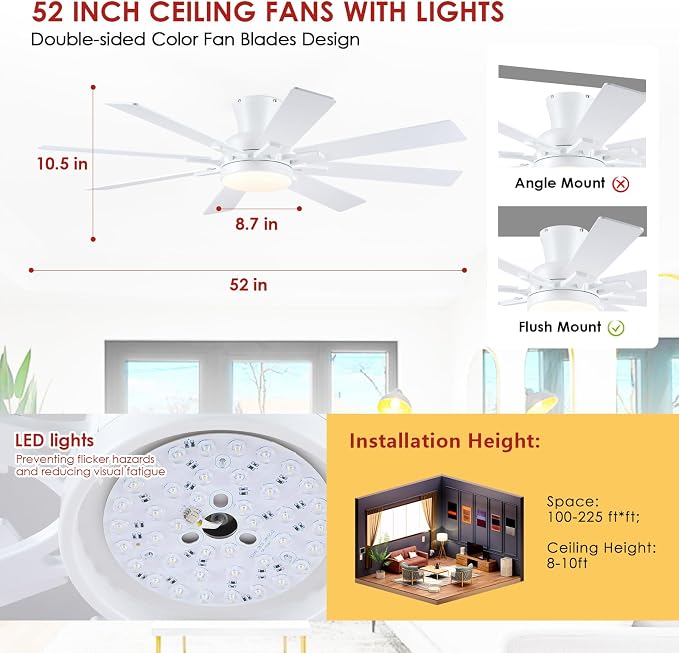 Ceiling Fans with Lights, 52 Inch Low Profile Flush Mount Ceiling Fan, Modern White Ceiling Fan with Light for Bedroom Living