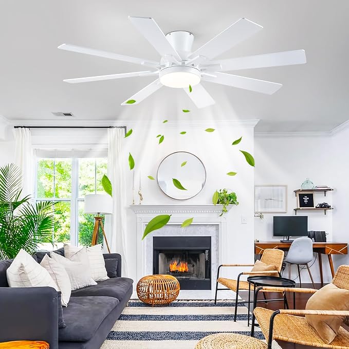 Ceiling Fans with Lights, 52 Inch Low Profile Flush Mount Ceiling Fan, Modern White Ceiling Fan with Light for Bedroom Living