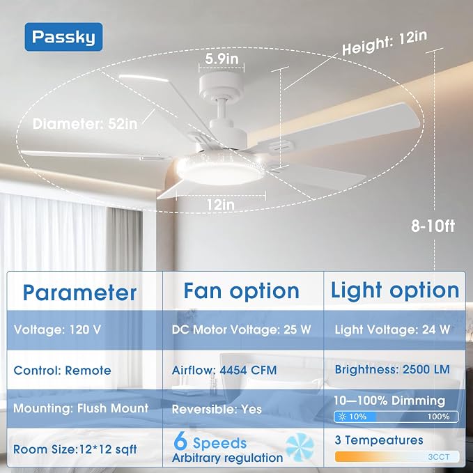 Ceiling Fans with Lights, 52 inch Modern Ceiling Fan with Light and Remote Control, 3CCT, Dimmable, Reversible, alternate