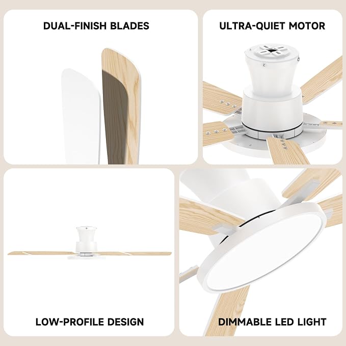 Ceiling Fans with Lights,52 inch,Quiet,Reversible Motor,Dimmable, Adjustable Color Temperature,6 Speeds,Timer, Low Profile