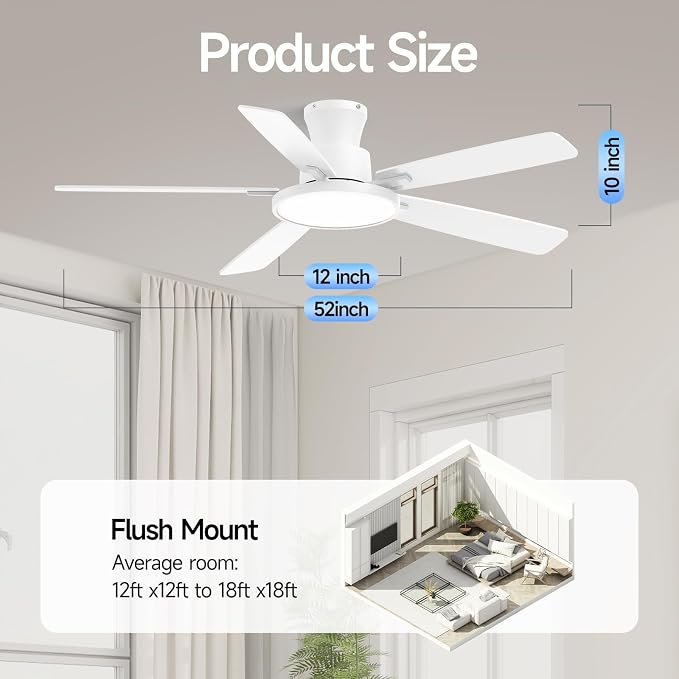 Ceiling Fans with Lights,52 inch,Quiet,Reversible Motor,Dimmable, Adjustable Color Temperature,6 Speeds,Timer, Low Profile