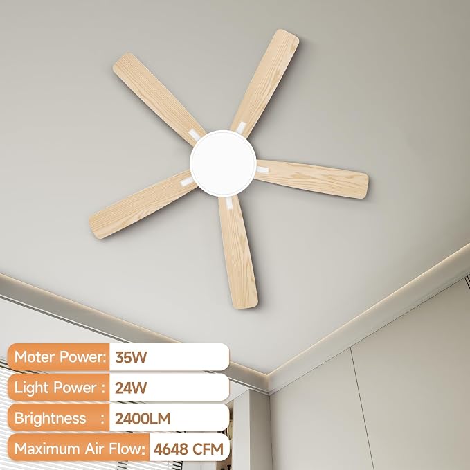 Ceiling Fans with Lights,52 inch,Quiet,Reversible Motor,Dimmable, Adjustable Color Temperature,6 Speeds,Timer, Low Profile