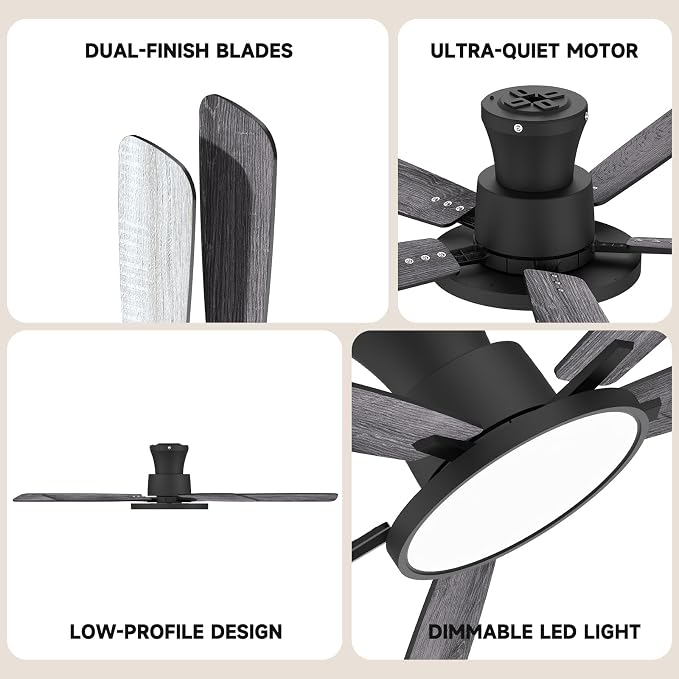 Ceiling Fans with Lights,52 inch,Quiet,Reversible Motor,Dimmable, Adjustable Color Temperature,6 Speeds,Timer, Low Profile