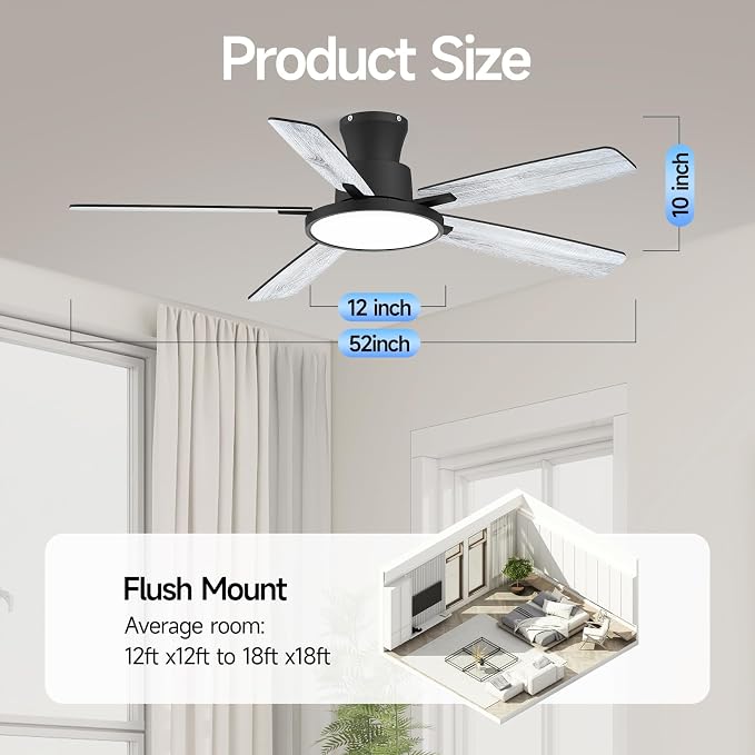 Ceiling Fans with Lights,52 inch,Quiet,Reversible Motor,Dimmable, Adjustable Color Temperature,6 Speeds,Timer, Low Profile