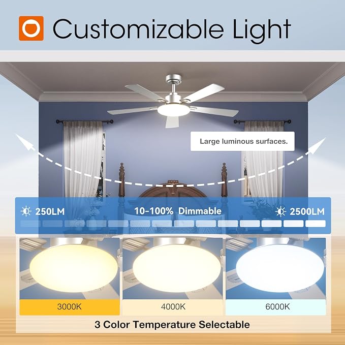 Ceiling Fans with Lights, 52 inch Silver Ceiling fan with Light and Remote Control, Reversible, 3CCT, Dimmable, Noiseless